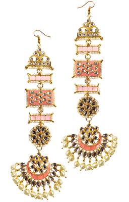 Ethnic Indian Bollywood Peech Pink Meenakari Kundan Pearl Chandbali Earrings Set 1