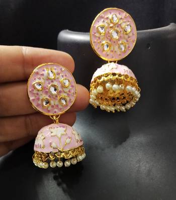 Magenta Pink Pink Meenakari Kundan Pearl Jhumki Earrings Set 1