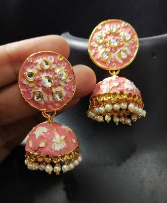 Peech Pink Meenakari Kundan Pearl Jhumki Earrings Set 1