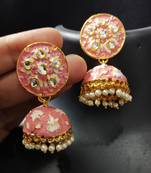 Peech Pink Meenakari Kundan Pearl Jhumki Earrings Set