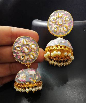 Grey Pink Meenakari Kundan Pearl Jhumki Earrings Set 1