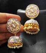 Grey Pink Meenakari Kundan Pearl Jhumki Earrings Set