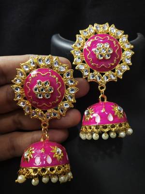 Traditional Huge Tops Raani pink Meenakari Jhumki Earrings Set 1