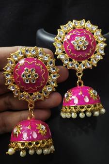 Traditional Huge Tops Raani pink Meenakari Jhumki Earrings Set