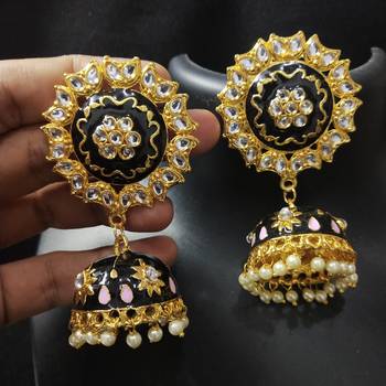 Traditional Huge Tops Black pink Meenakari Jhumki Earrings Set 1