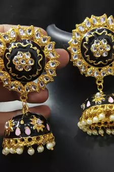 Traditional Huge Tops Black pink Meenakari Jhumki Earrings Set