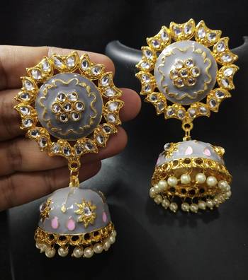 Traditional Huge Tops Grey pink Meenakari Jhumki Earrings Set 1