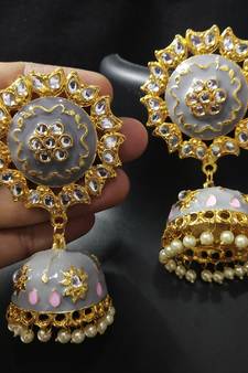 Traditional Huge Tops Grey pink Meenakari Jhumki Earrings Set