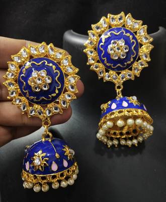 Traditional Huge Tops Royal Blue pink Meenakari Jhumki Earrings Set 1
