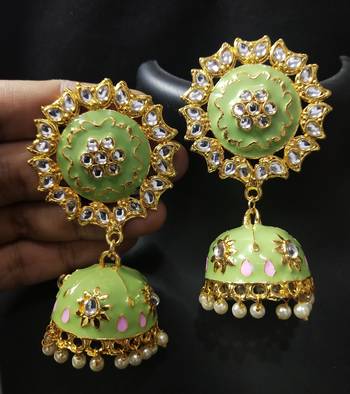 Traditional Huge Tops Mint Green pink Meenakari Jhumki Earrings Set 1