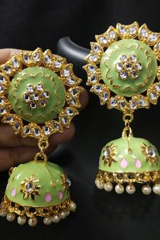 Traditional Huge Tops Mint Green pink Meenakari Jhumki Earrings Set