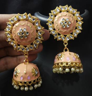 Traditional Huge Tops Peech pink Meenakari Jhumki Earrings Set 1
