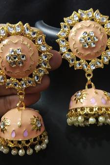 Traditional Huge Tops Peech pink Meenakari Jhumki Earrings Set