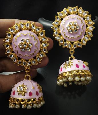 Traditional Huge Tops Baby pink Meenakari Jhumki Earrings Set 1