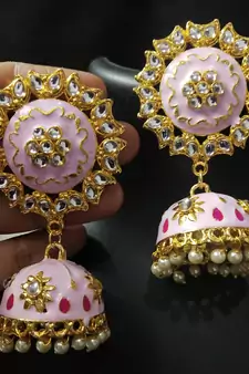 Traditional Huge Tops Baby pink Meenakari Jhumki Earrings Set