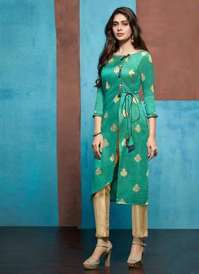 Turquoise Jacquard Pakistani Kurtis 1