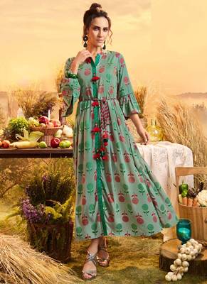 Turquoise Cotton Ethnic Kurtis 1