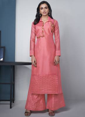 Peach Pure Model Silk Embroidery Kurta Palazzo 1