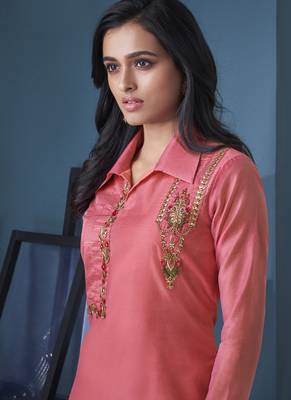 Peach Pure Model Silk Embroidery Kurta Palazzo 3