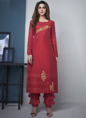 Red Pure Model Silk Embroidery Kurta Palazzo 1