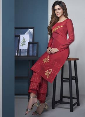 Red Pure Model Silk Embroidery Kurta Palazzo 2