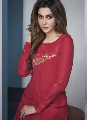 Red Pure Model Silk Embroidery Kurta Palazzo 3