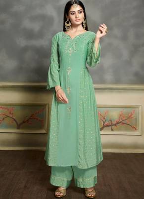 Turquoise Silk Blend Kurtas And Kurtis 1