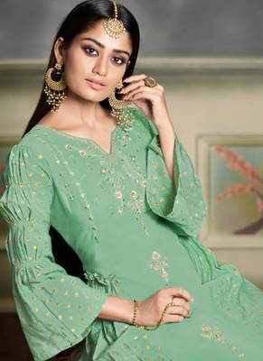 Turquoise Silk Blend Kurtas And Kurtis 2