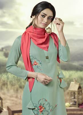 Turquoise Silk Blend Kurtas And Kurtis 2