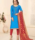 Kimisha Women's Ocean Blue Designer Banarasi Dupatta Cotton Khatli Handwork salwar Suit