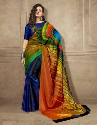 Multicolor printed satin saree with blouse 1