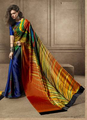 Multicolor printed satin saree with blouse 3