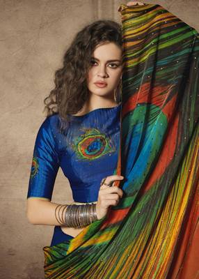 Multicolor printed satin saree with blouse 4