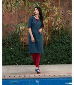 Women's Stiched Cotton A-line Kurti Blue & Black Stripes