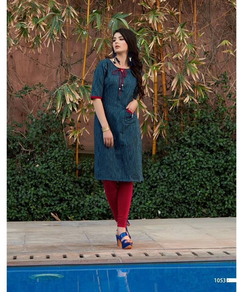 Women's Stiched Cotton A-line Kurti Blue & Black Stripes