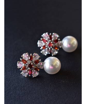 Floral CZ Earring With Pearl Drop 2