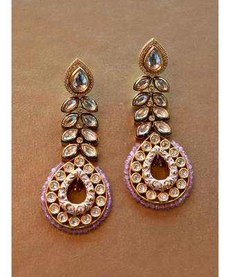 Kundan Danglers with white meenakari and pink beads 1
