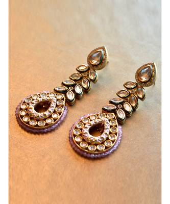 Kundan Danglers with white meenakari and pink beads 2