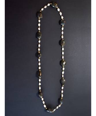 Contemporary Beaded Necklace Pearl and Black Semi Precious Stone 2