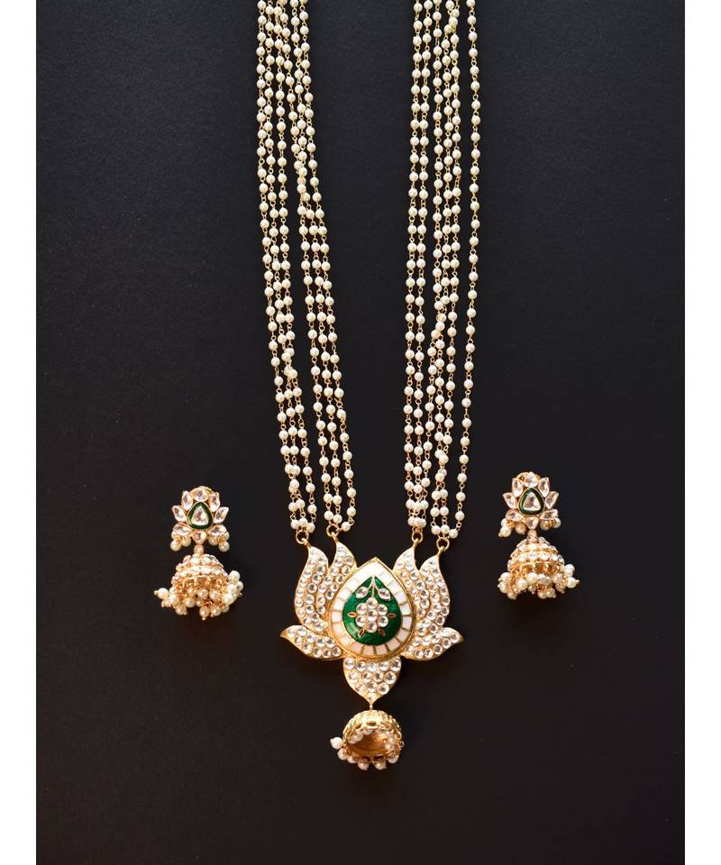 Mesmerising Lotus Necklace in Green Enamel and Soft Pearls