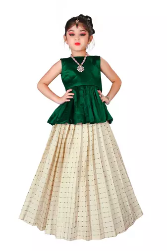 Kids Cotton Silk Green Top And White Lehenga Choli Set 