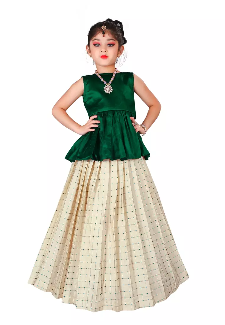 Kids Cotton Silk Green Top And White Lehenga Choli Set 