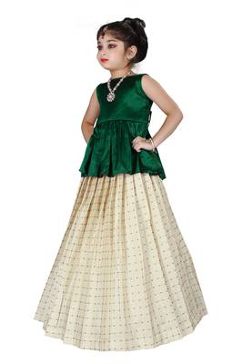 Kids Cotton Silk Green Top And White Lehenga Choli Set  3