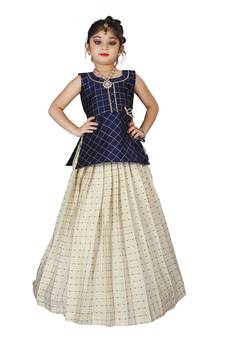 Kids Blue Top And White Lehenga Choli Set 