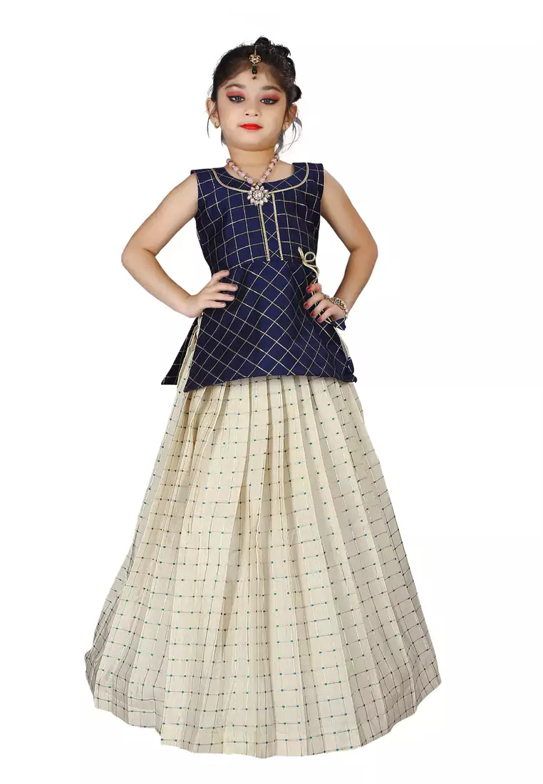 Kids Blue Top And White Lehenga Choli Set 