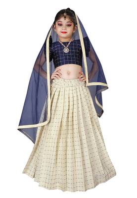Kids Cotton Silk Blue Blouse And White Lehenga Choli  1