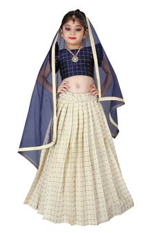 Kids Cotton Silk Blue Blouse And White Lehenga Choli 