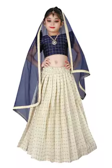Kids Cotton Silk Blue Blouse And White Lehenga Choli 