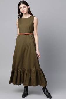 Olive Sleeveless Frill Hem Belted Midi