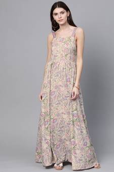 Beige Paisley Strappy Gathered Maxi